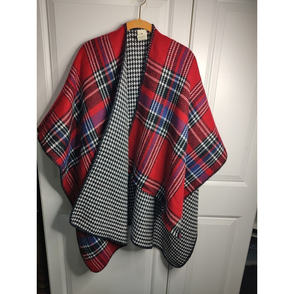 Woolrich OS Red Plaid Reversible Houndstooth Cape Shawl Poncho Blanket Wrap